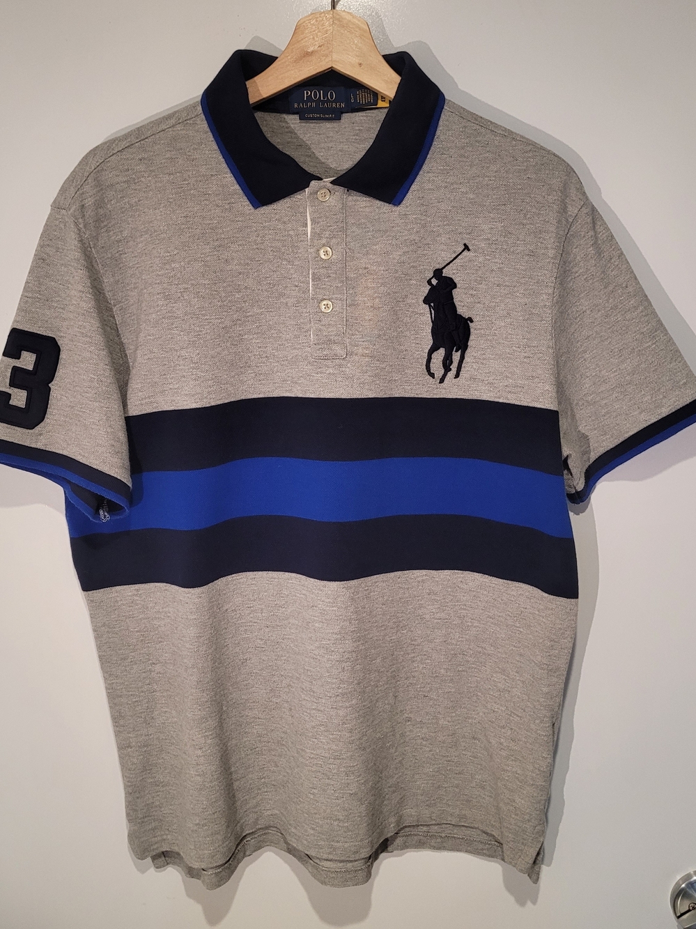 Polo Ralph Lauren Men’s Grey Blue Striped Polo Shirt Size Large Custom Slim Fit